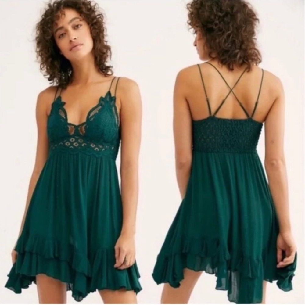 Free People Teal Green Lace-Trim Mini Dress